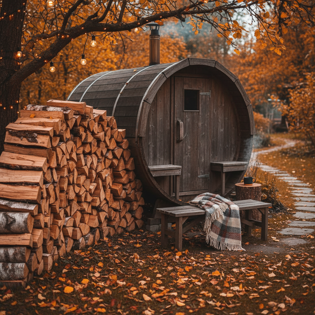 Trockenes Birkenholz gestapelt neben der Fasssauna — perfektes Brennholz