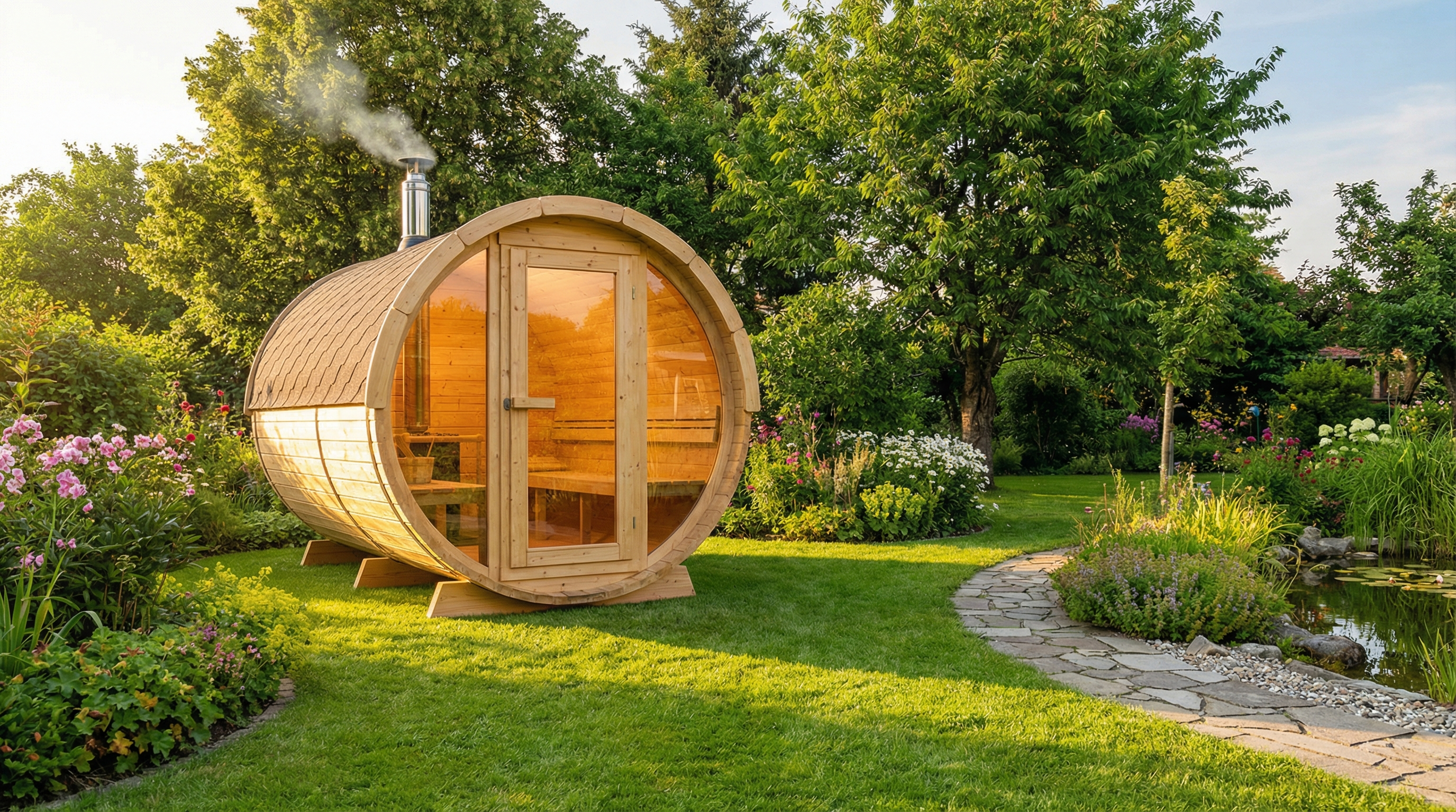 Karibu Fasssauna Fass 3 im Garten — Panoramafront, nordische Fichte