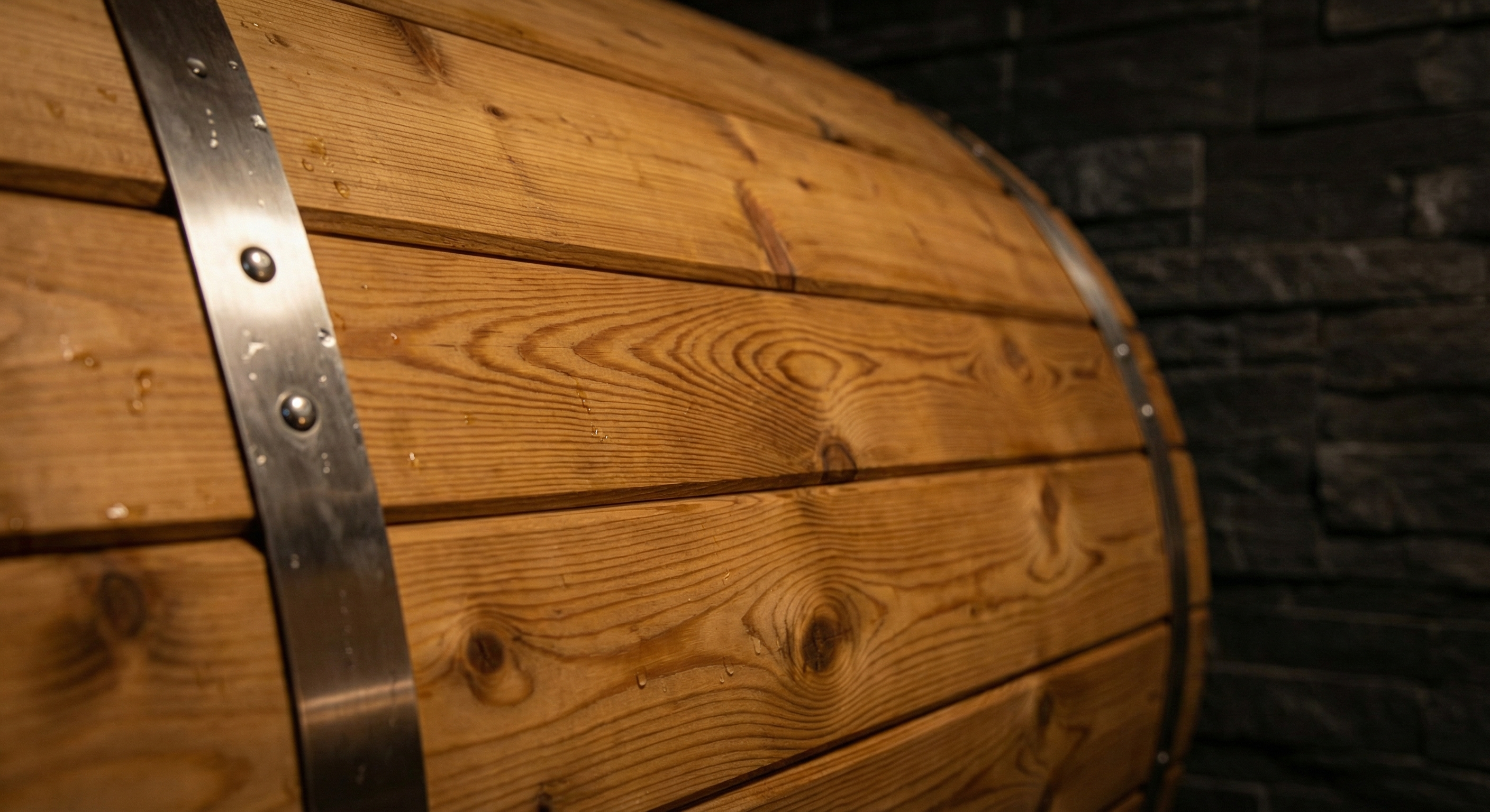 Nordische Fichte Detailaufnahme — Holzmaserung und Edelstahl-Spannbänder der Karibu Fasssauna