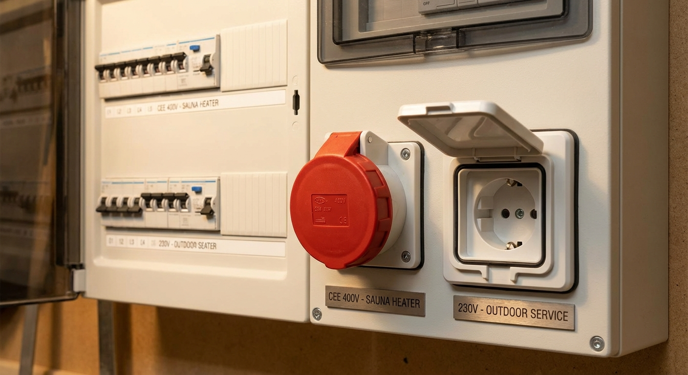 Sicherungskasten mit 230V und 400V Absicherung für Fasssauna