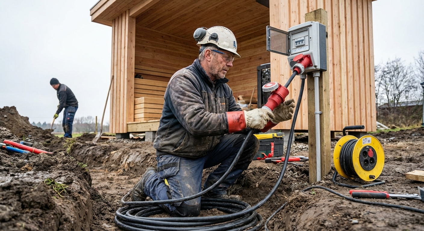 Elektriker installiert Kabel für Saunaofen an einer Fasssauna