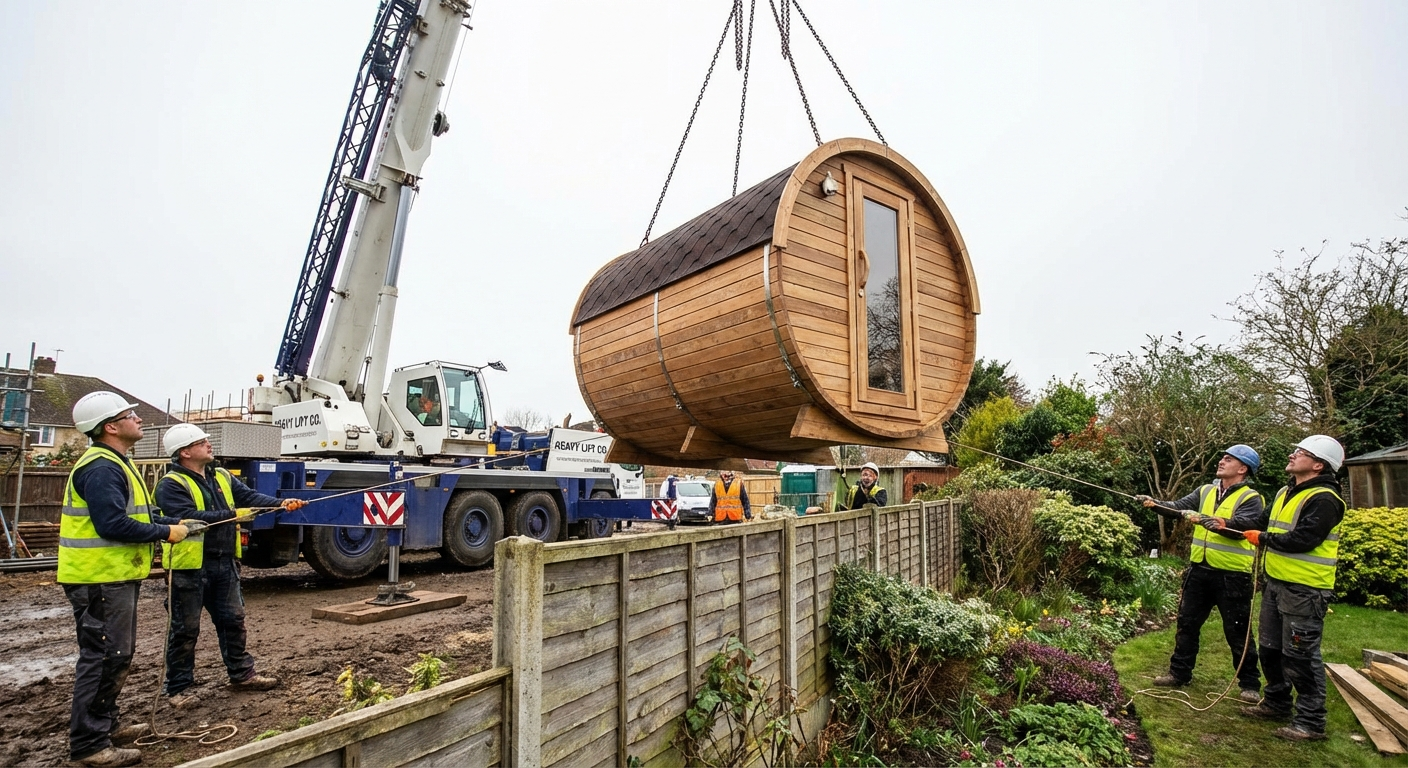 Fasssauna wird per Kran in einen Garten gehoben