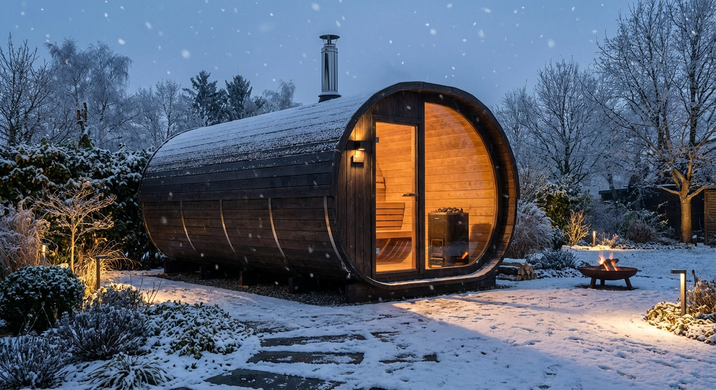 Finnwerk Fasssauna aus Thermoholz im Garten