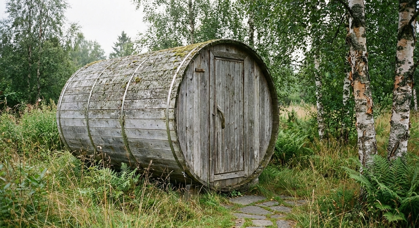 Silbergrau vergraute Fasssauna im Garten mit natürlicher Patina