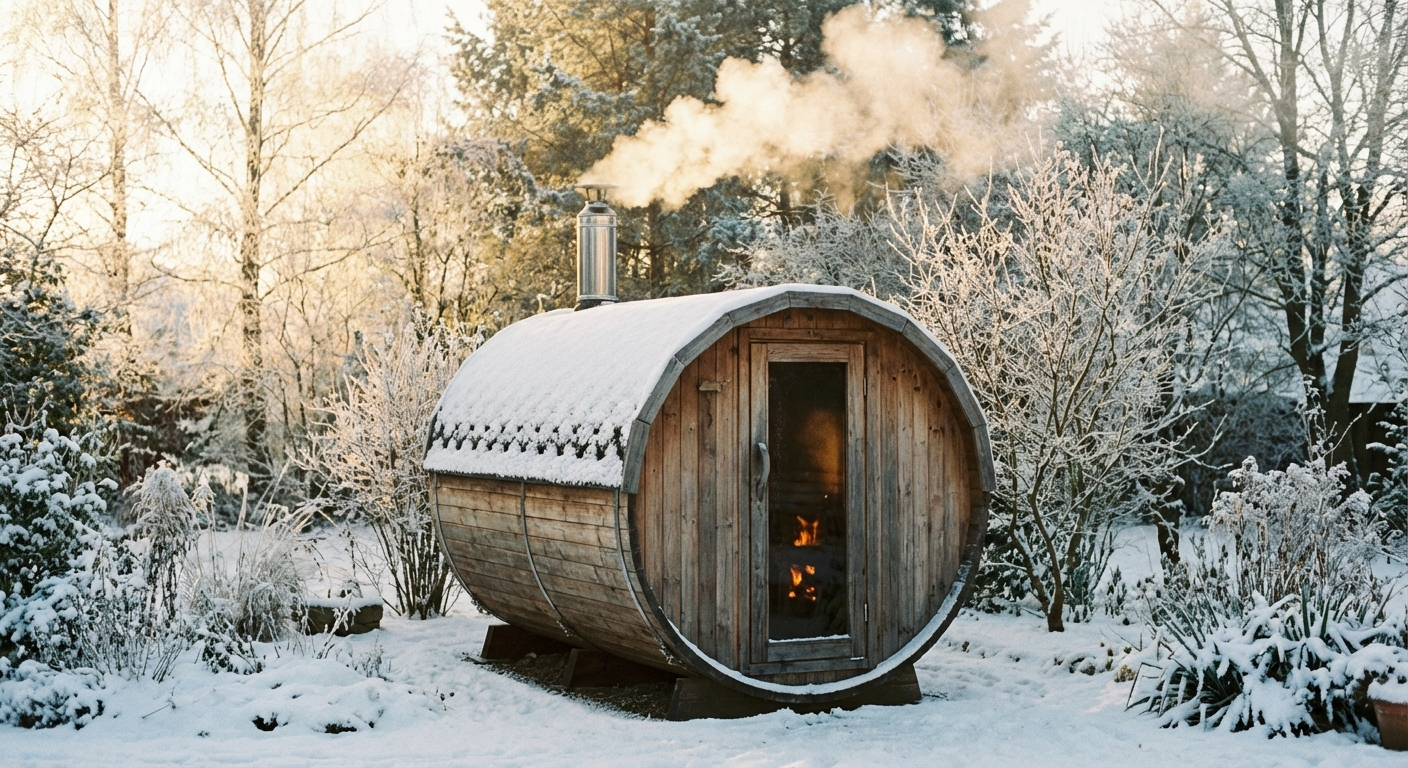 Edelstahl-Kaminrohr auf einer Fasssauna im Garten mit Rauch
