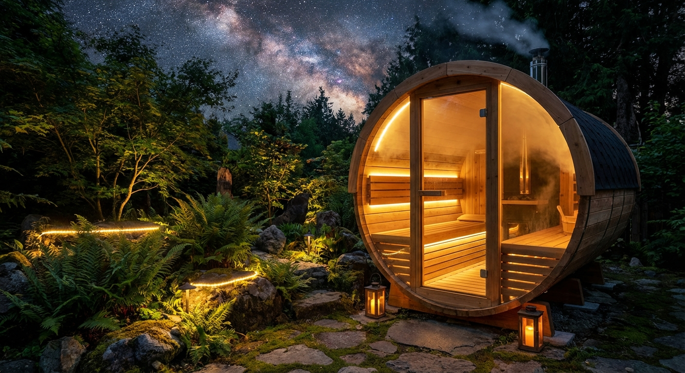 Fasssauna mit stimmungsvoller LED-Beleuchtung innen und außen