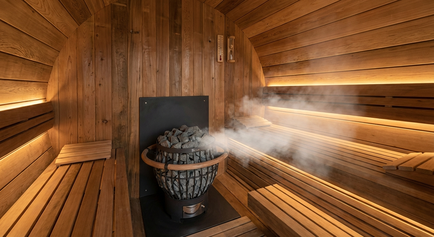 8 kW Saunaofen mit großer Steinkammer in einer Fasssauna