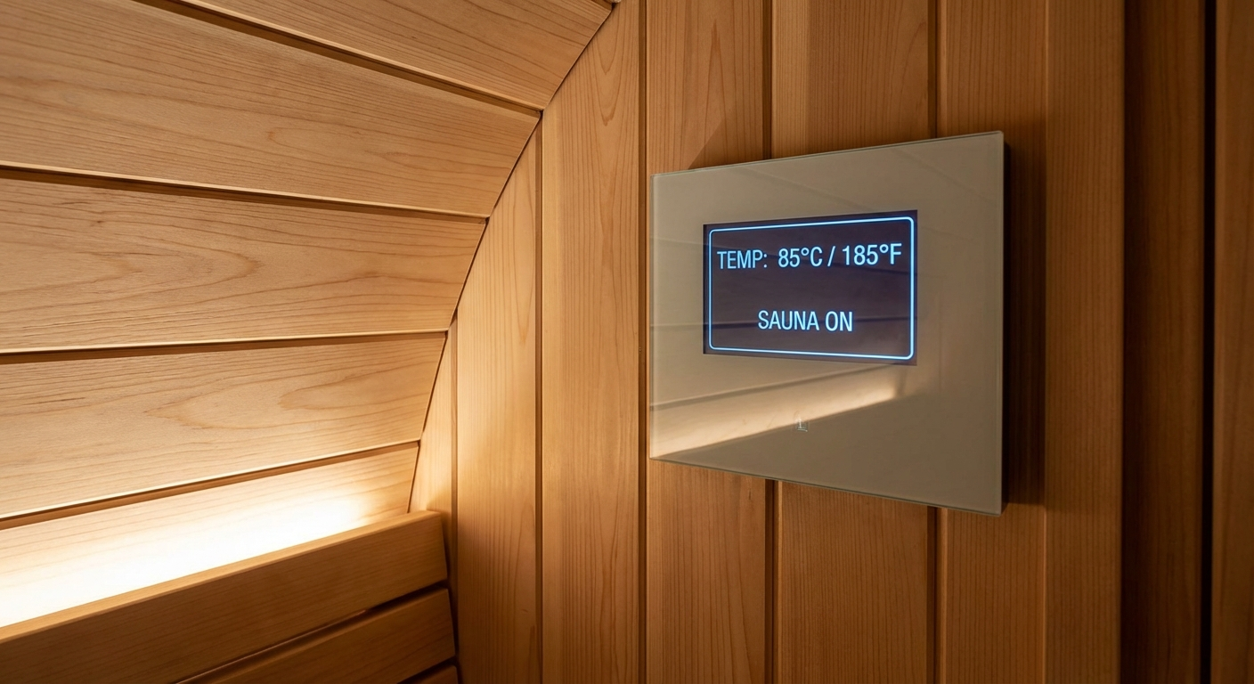 Digitale Saunaofen-Steuerung mit LED-Display an einer Fasssauna