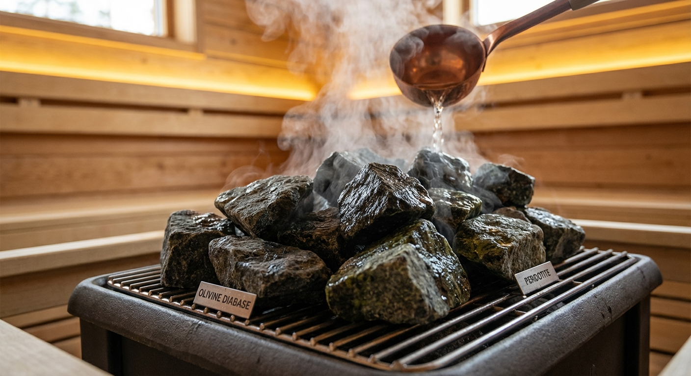 Verschiedene Saunasteine auf einem Saunaofen in einer Fasssauna