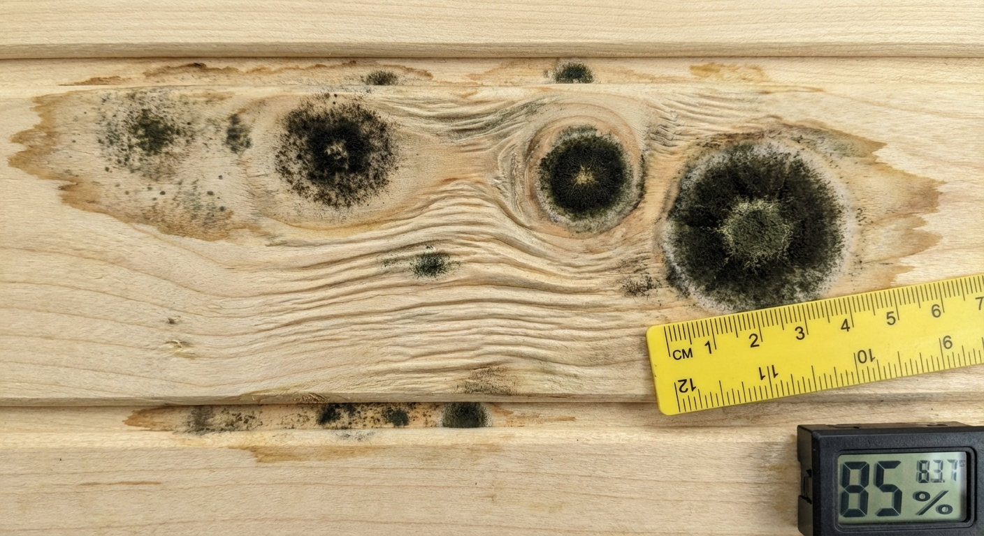 Schimmelbefall an Sauna-Holz — schwarze Flecken auf Holzoberfläche