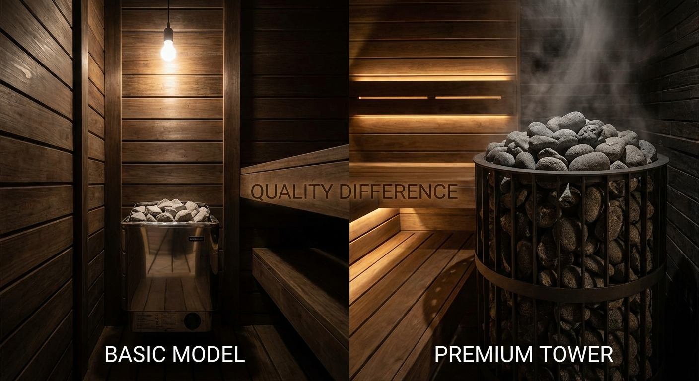 Vergleich Saunaöfen — kleiner Billig-Ofen vs. Premium-Ofen mit vollen Steinen