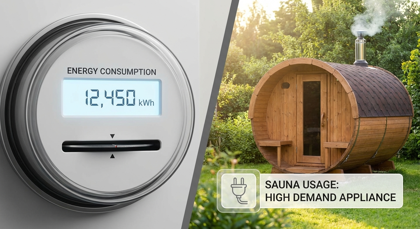 Stromzähler neben einer Fasssauna im Garten