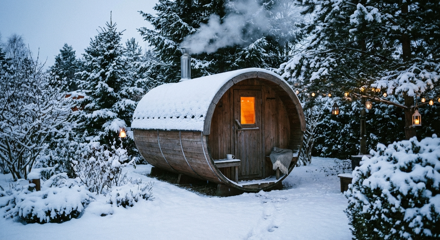 Fasssauna im verschneiten Garten mit dampfendem Schornstein