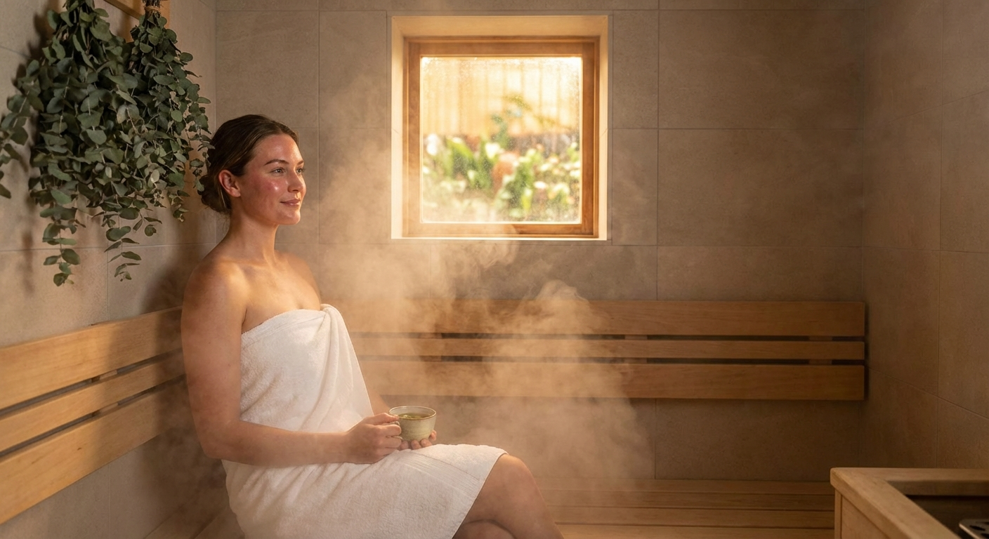 Frau entspannt im Dampfbad mit sichtbarem Dampf und warmem Licht