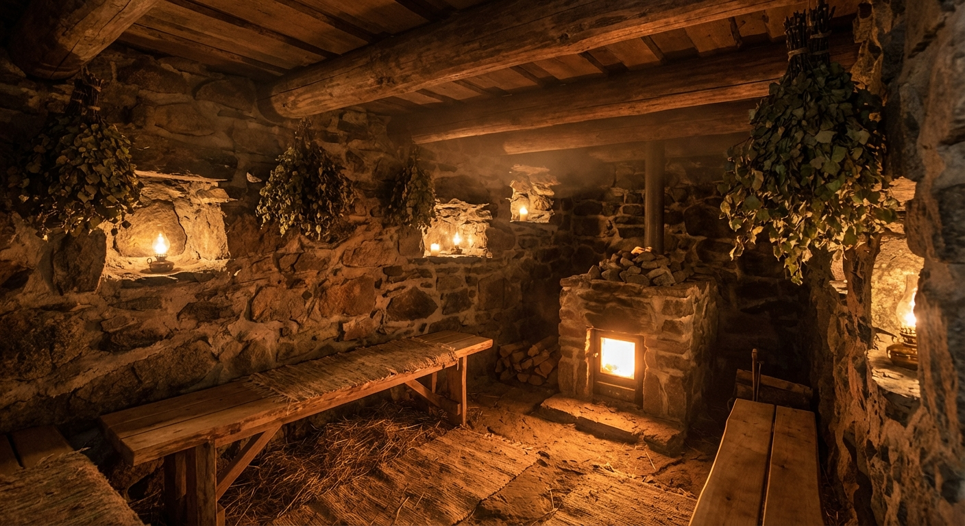 Im Inneren einer traditionellen Erdsauna — heiße Steine, Holzbalken und Erdwände