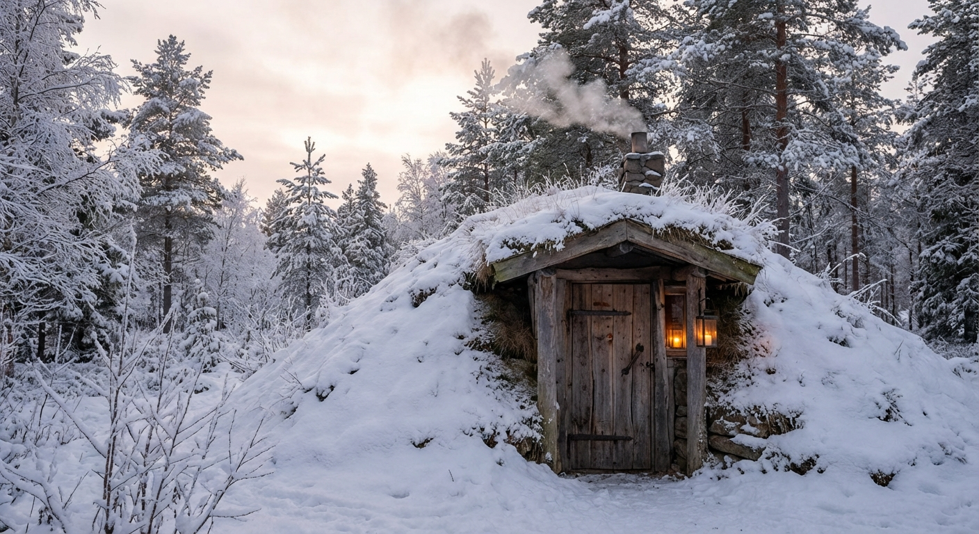 Erdsauna im Winter — Eingang im schneebedeckten Hügel, Rauch steigt auf