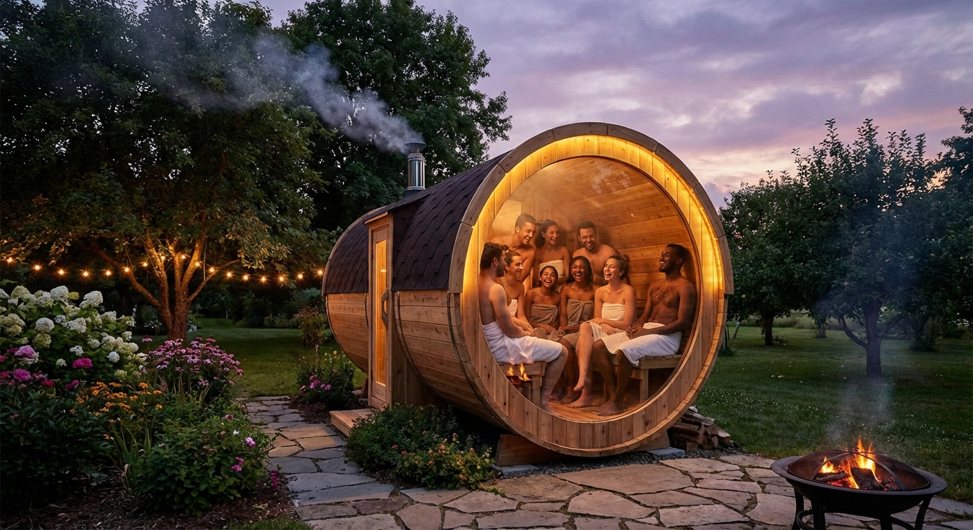 Große Fasssauna für 8 Personen im Garten