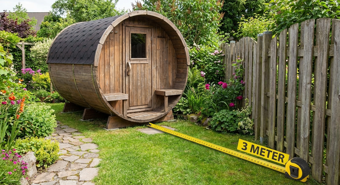 Barrel sauna positioned in garden showing 3-meter distance to fence