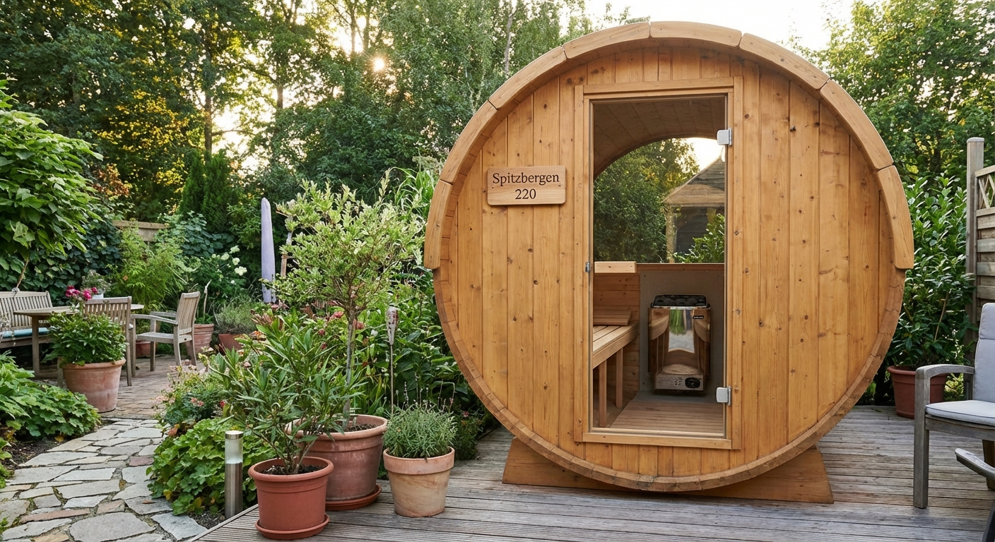 Artsauna Spitzbergen 220 Fasssauna für 6 Personen im Garten