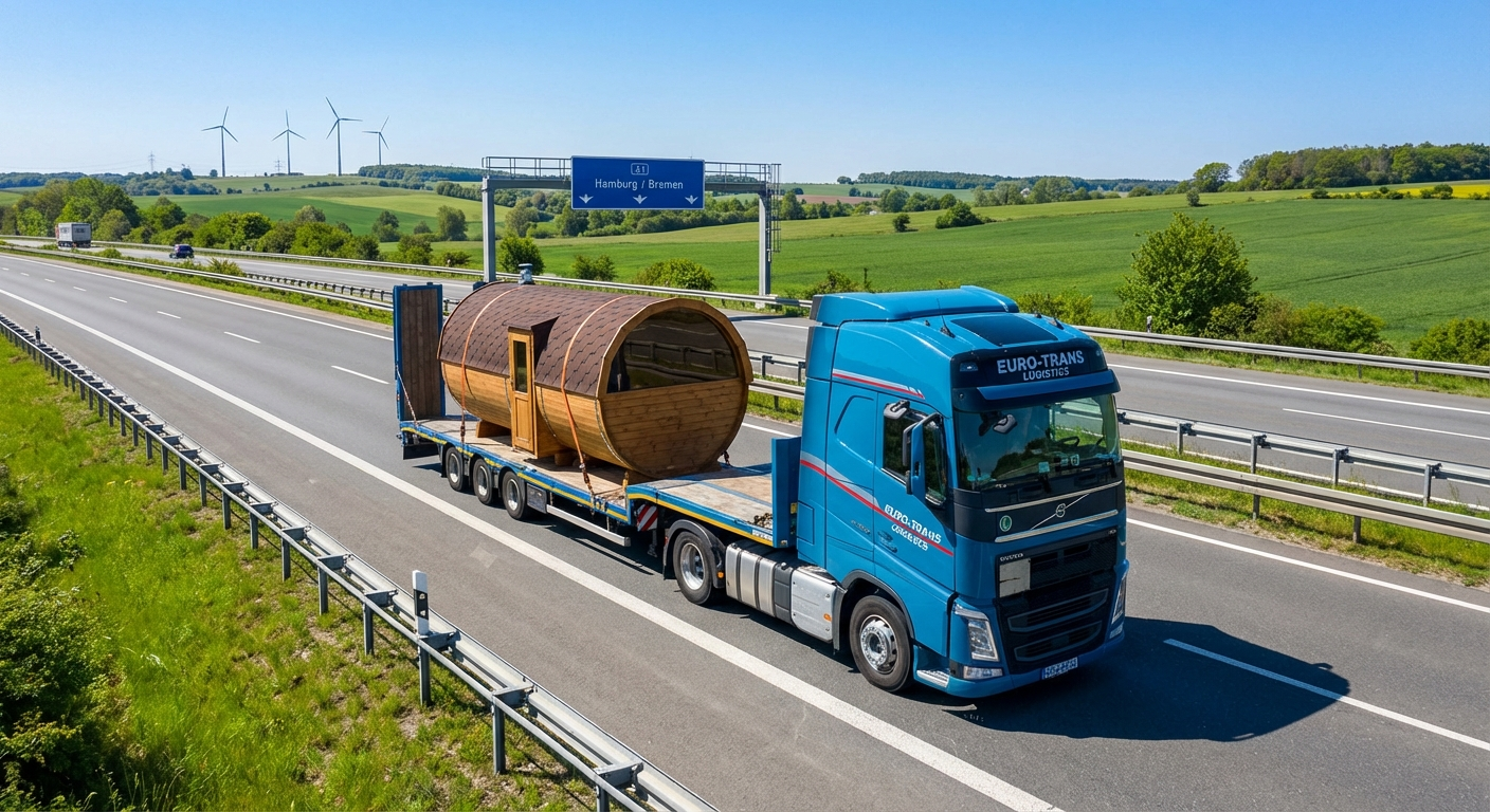 Fasssauna auf Palette bei Speditionslieferung aus Polen