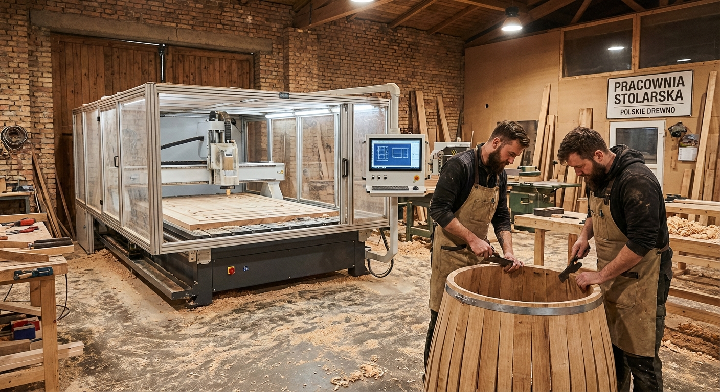 Polnische Sauna-Manufaktur mit CNC-Maschinen und Handwerkern bei der Arbeit