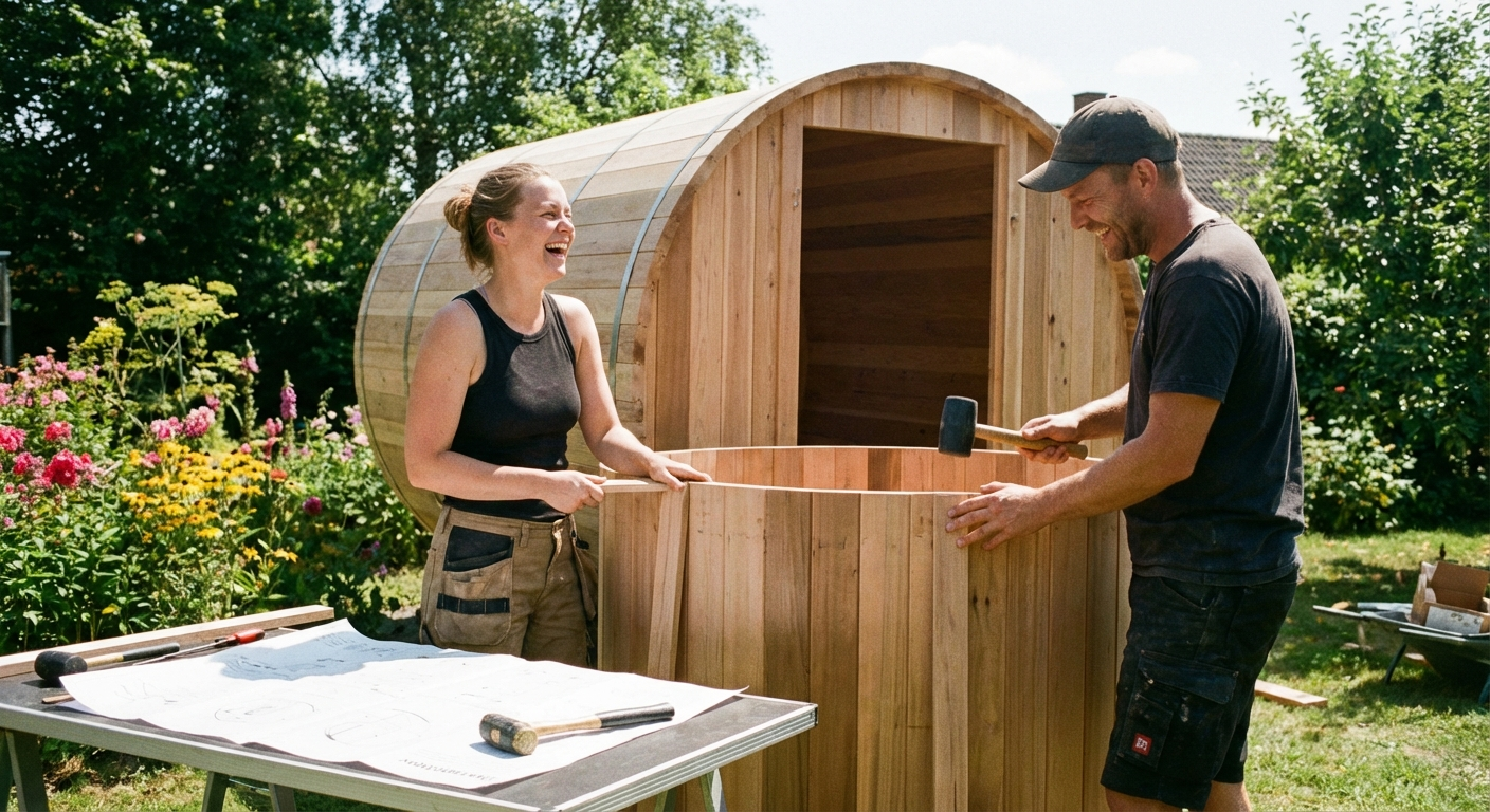 Montage einer Baltresto Fasssauna im Garten