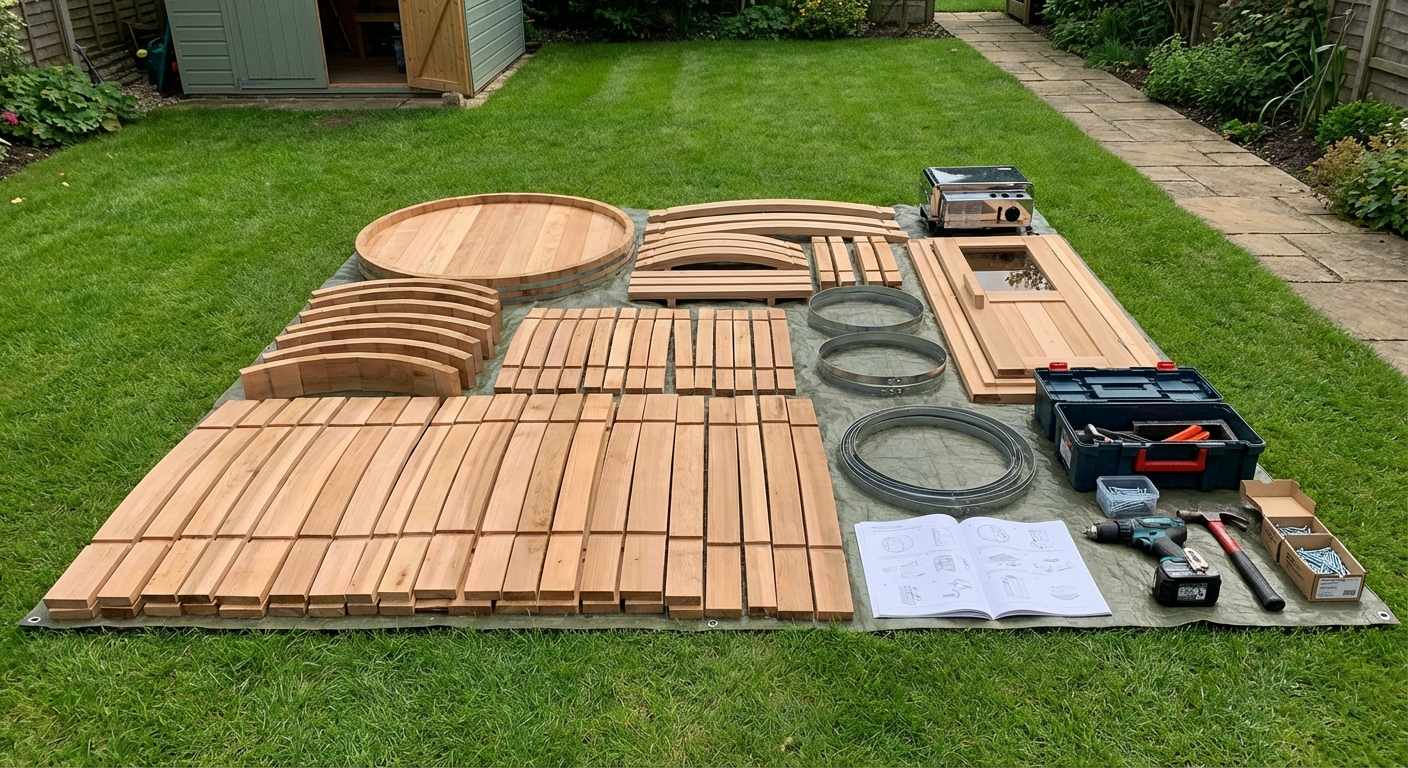 Fasssauna Bausatz Aufbau im Garten