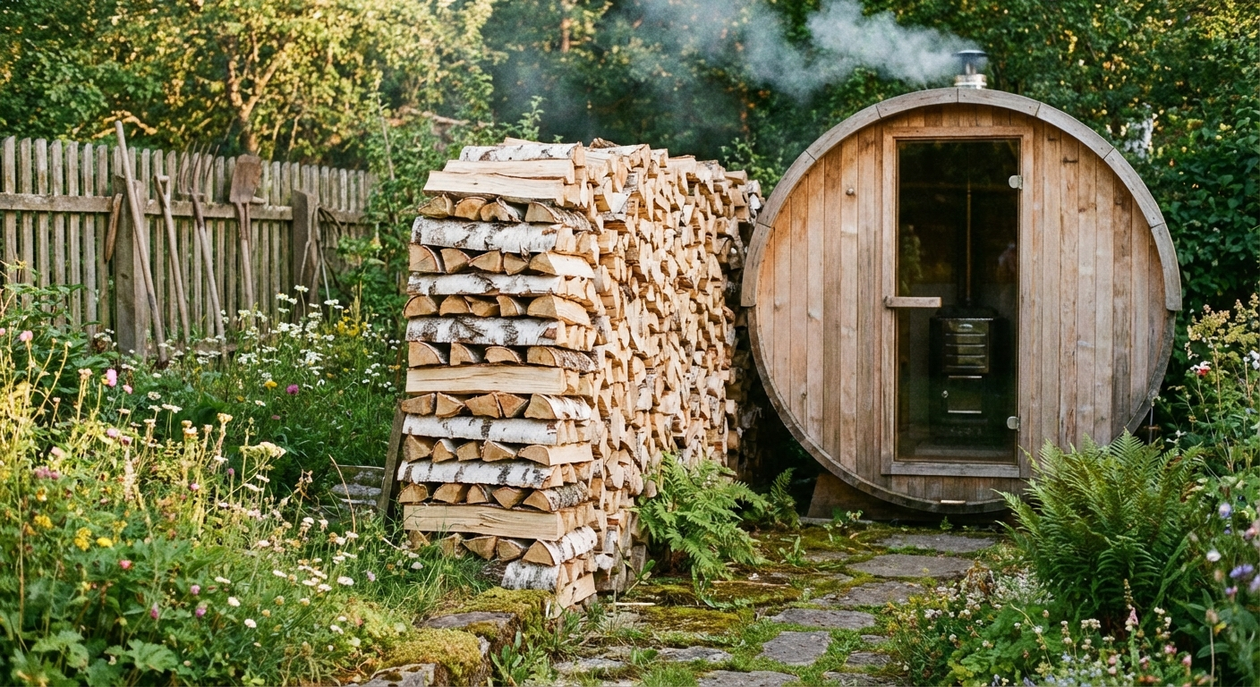 Neatly stacked birch firewood next to barrel sauna with wood-fired heater