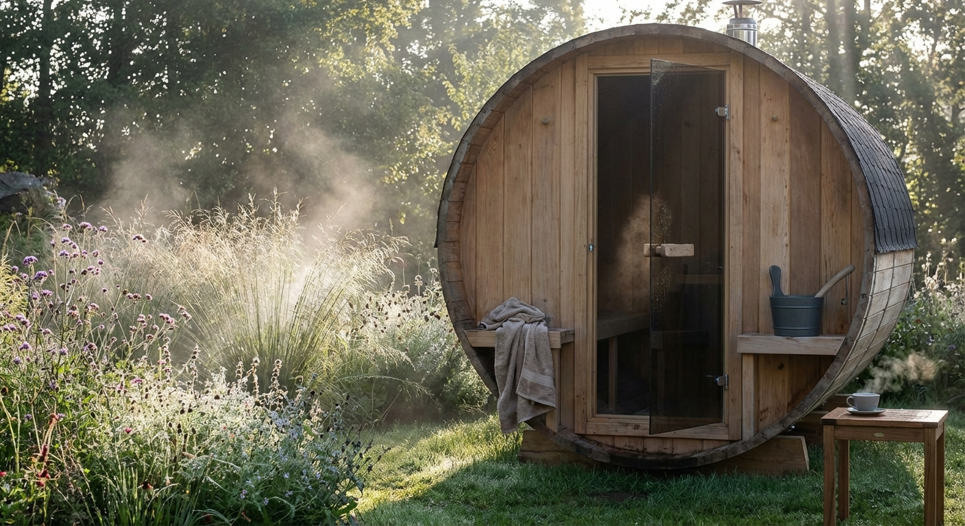 Barrel sauna in garden with door open for airing out after use
