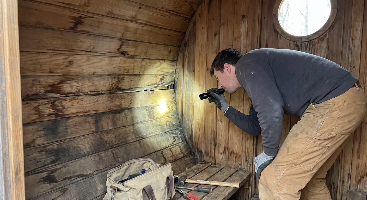 Besichtigung einer gebrauchten Fasssauna – Holzwände innen auf Schimmel prüfen