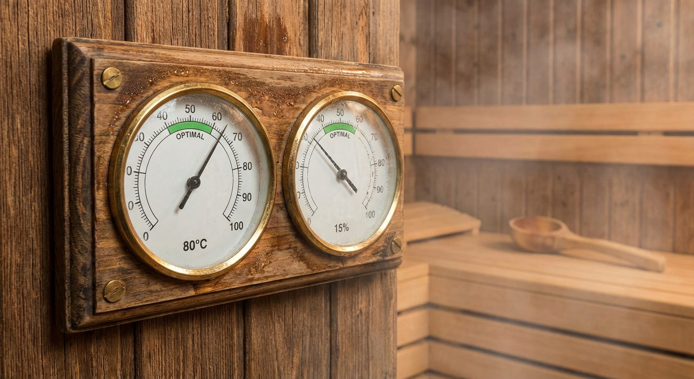 Sauna thermometer and hygrometer showing optimal 80°C and 15% humidity