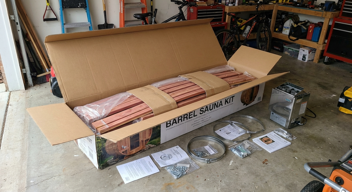 Lieferung einer Juskys Fasssauna im Karton