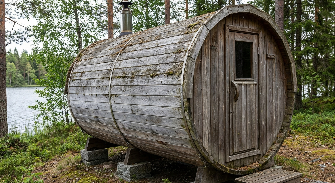 Barrel sauna made from larch wood