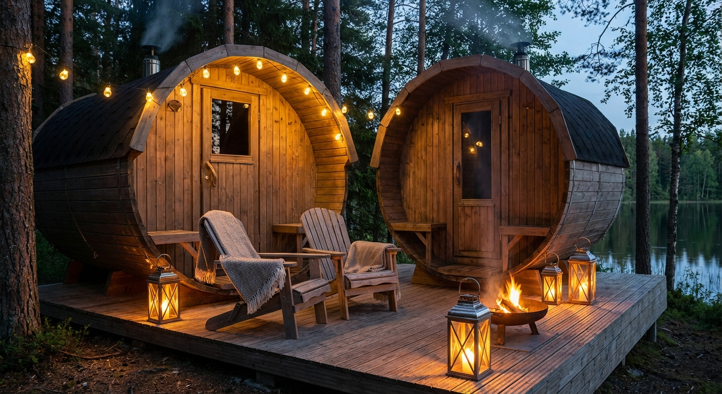 Fasssauna auf Holzterrasse im Garten