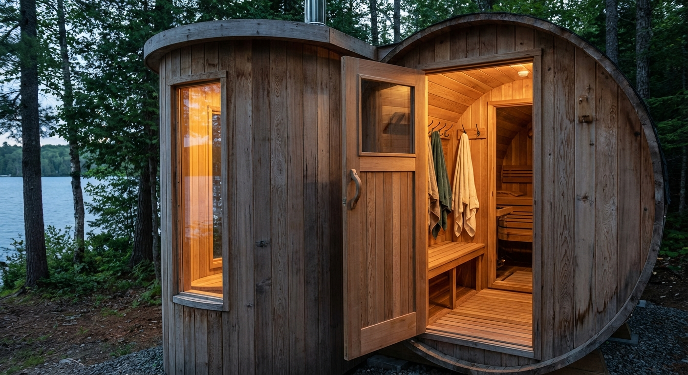 Fasssauna mit Vorraum und Umkleidebereich