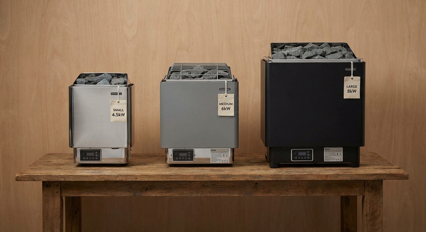 Three different sauna heaters side by side on a wooden table: small 4.5kW