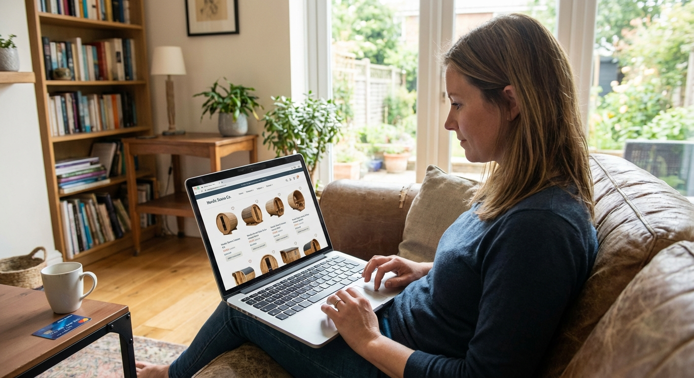 Online-Shopping am Laptop — Fasssauna kaufen