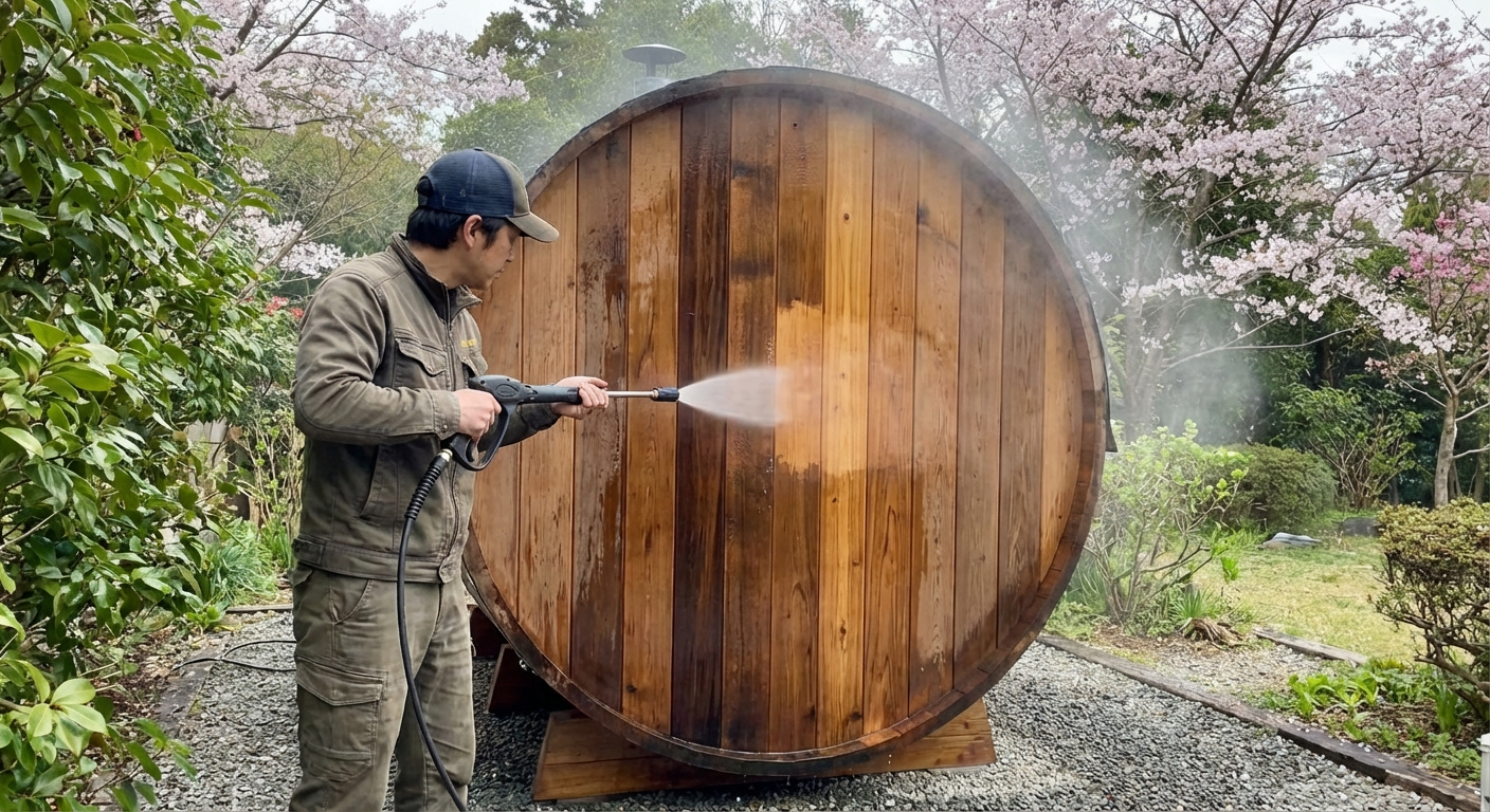 Person power-washing exterior of barrel sauna gently with low pressure