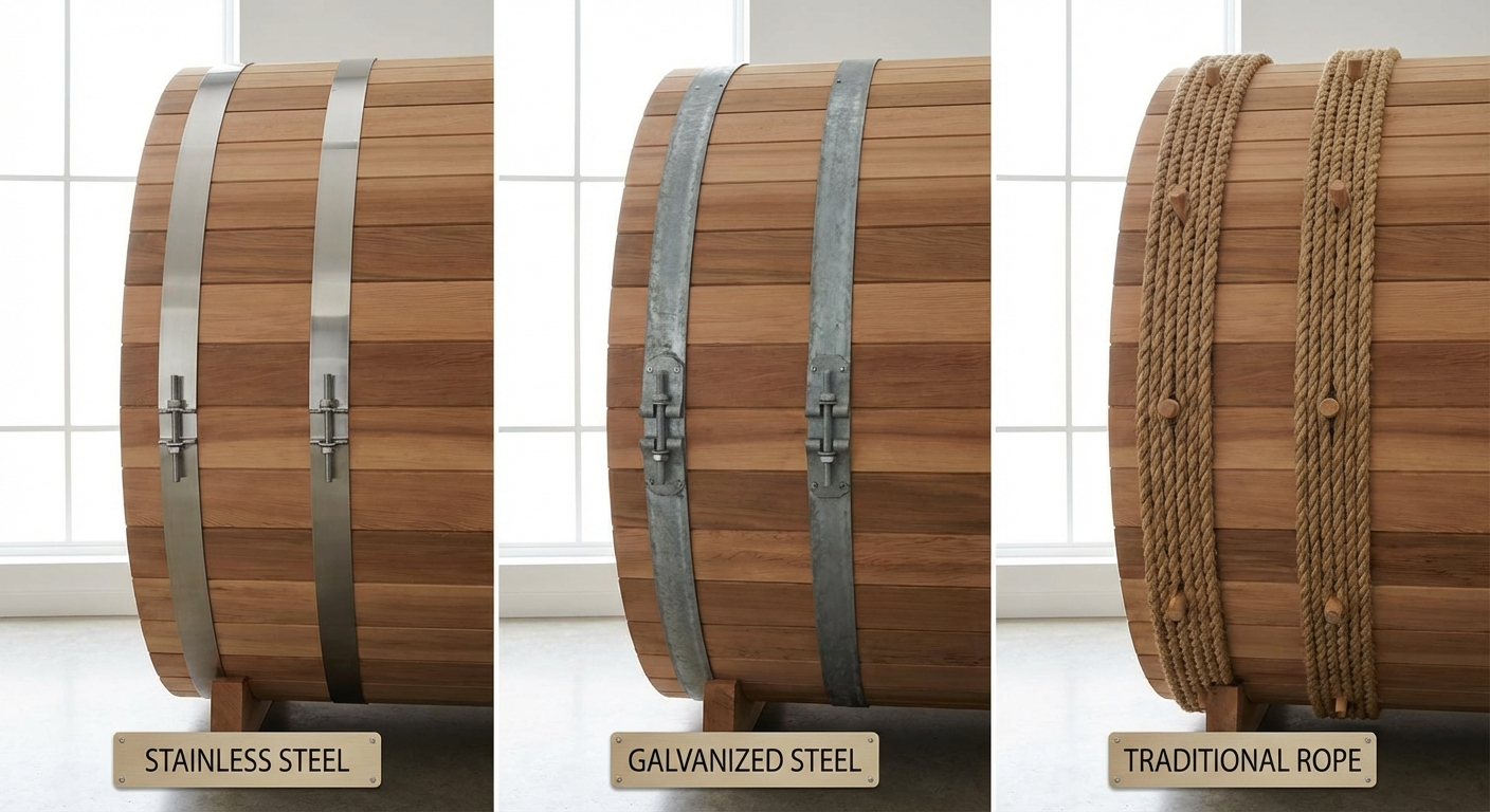 Comparison of barrel sauna bands: stainless steel vs galvanized steel vs traditional rope