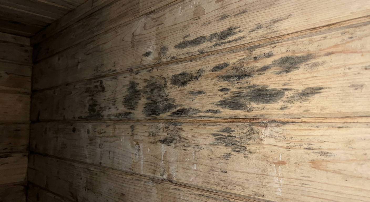 Dark mold spots on untreated wooden sauna interior wall