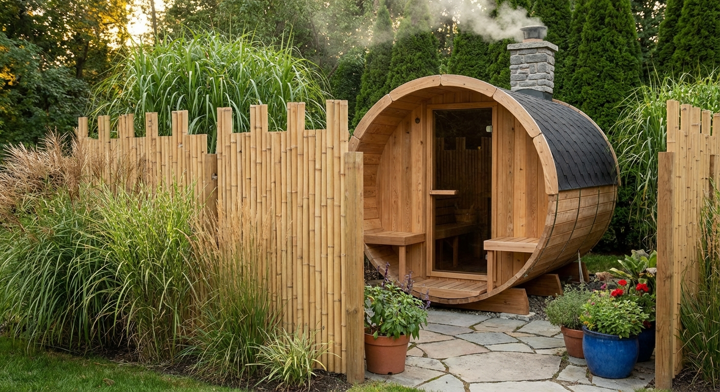 Fasssauna mit Sichtschutz aus Bambus und hohen Gräsern