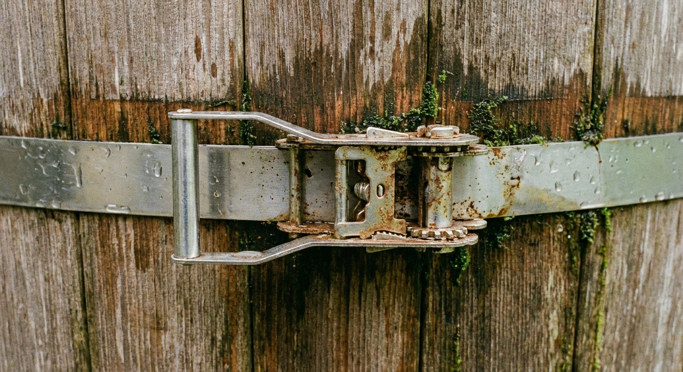 Close-up of stainless steel tension band around barrel sauna