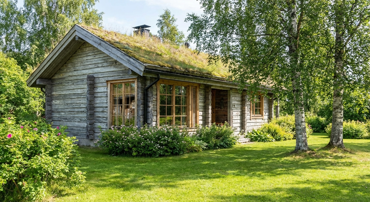 Kelo-Saunahaus im Garten — rustikale Fassade, Holzdeck, nordischer Charakter