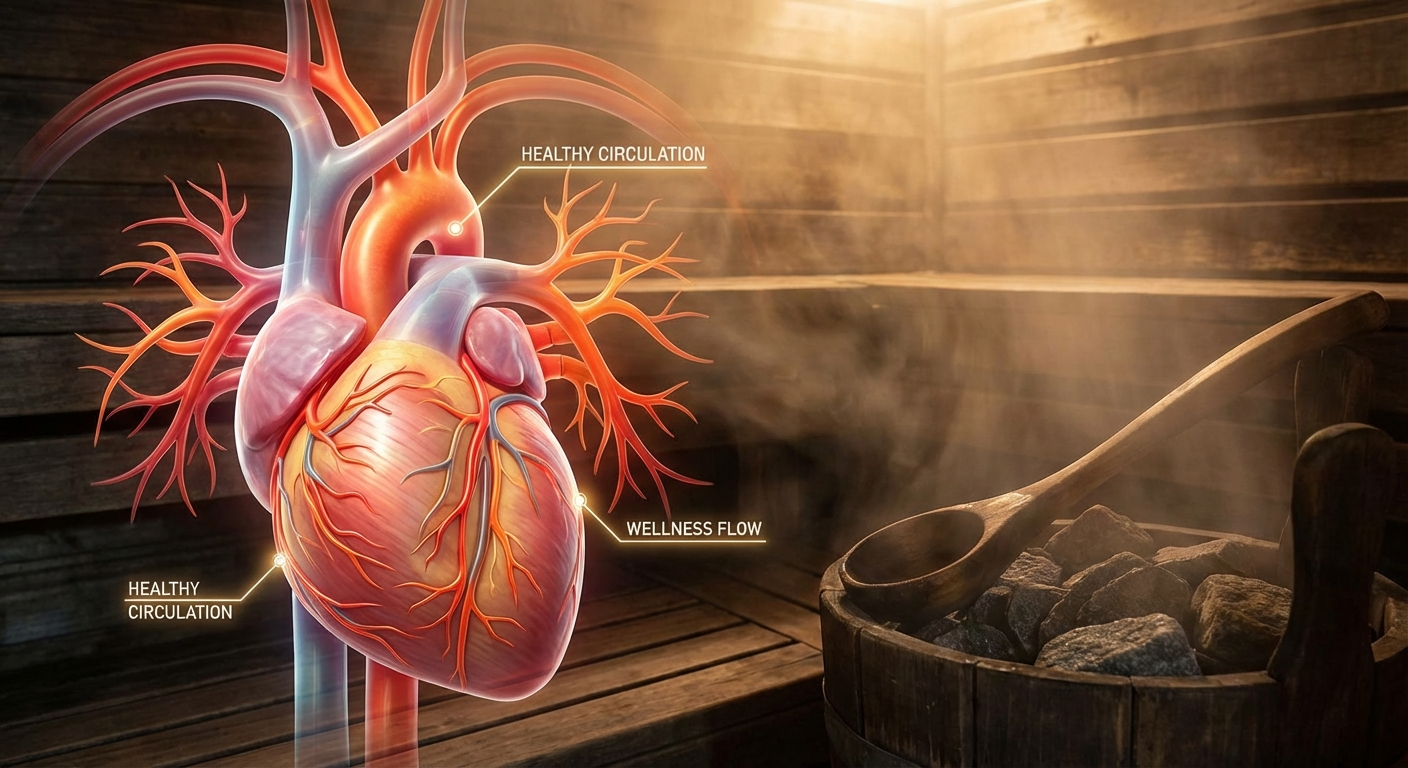 Anatomische Darstellung eines Herzens mit Blutgefäßen vor Sauna-Holzhintergrund