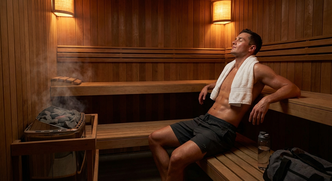 Sportler entspannt nach dem Training in einer Holzsauna mit aufsteigendem Dampf