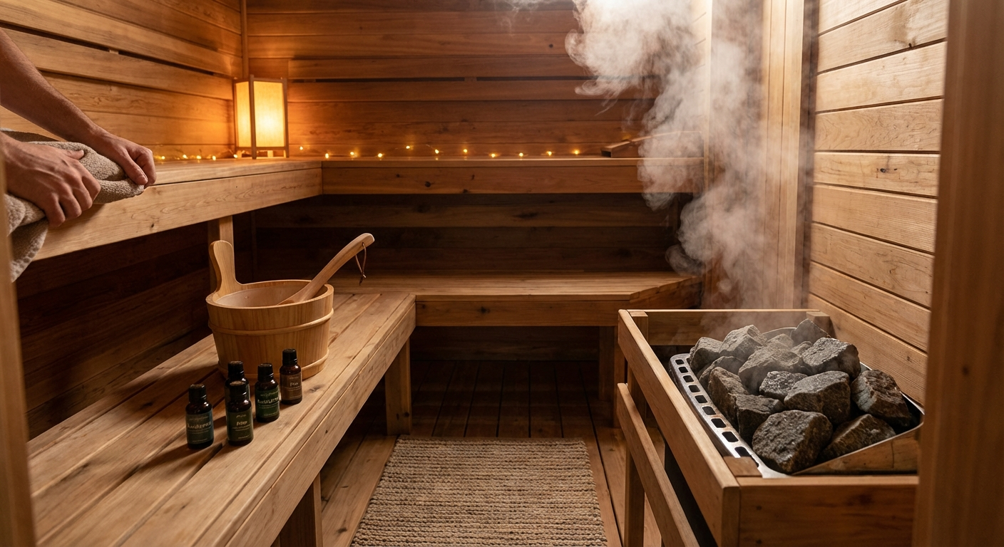 Saunaeimer mit Kelle und ätherischen Ölen auf einer Saunabank