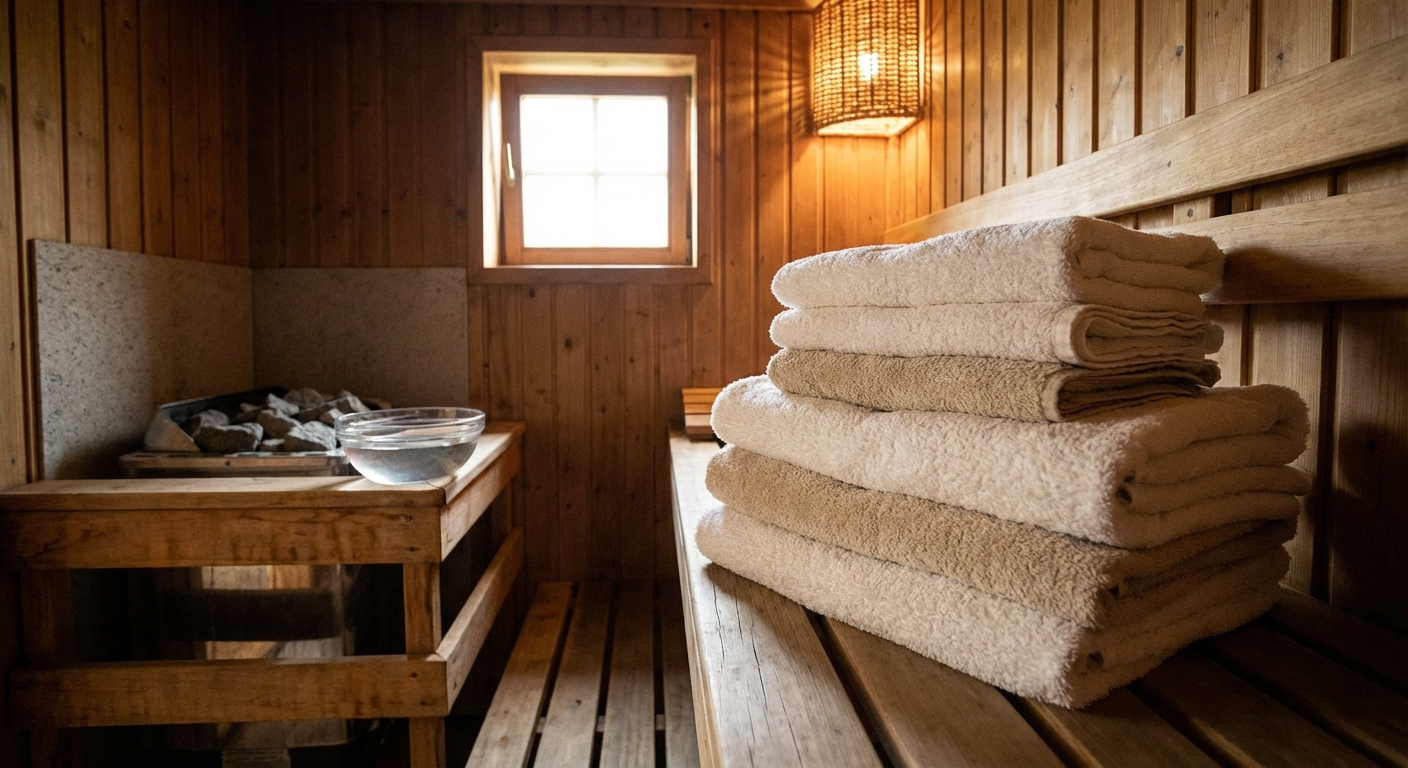 Ordentlich gefaltete weiße und beige Saunatücher auf einer Holzbank