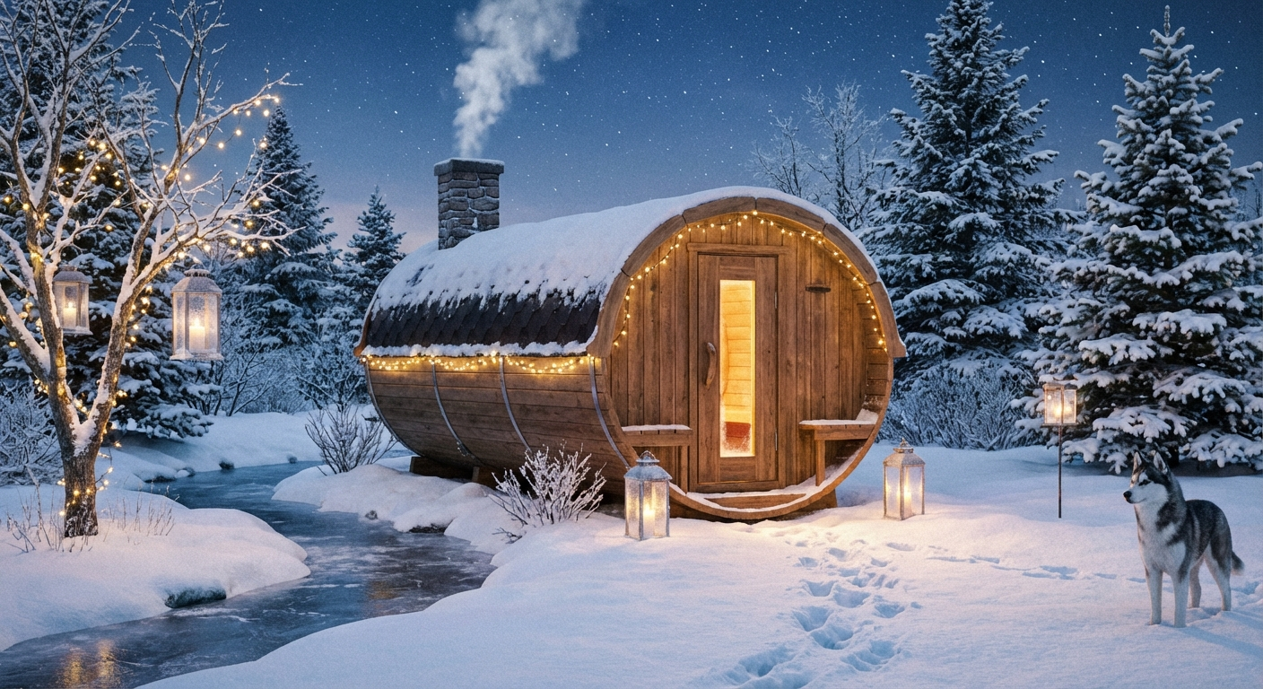 Classic barrel/tonnensauna in snowy winter garden