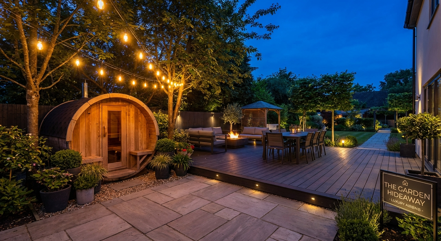 Fasssauna im Garten einer gemütlichen Ferienwohnung mit Lichterketten am Abend