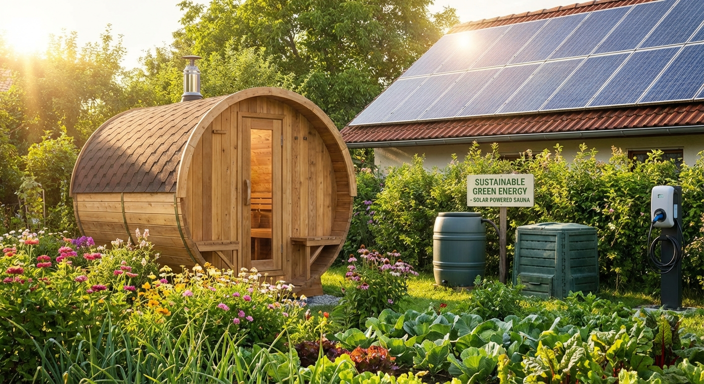 Fasssauna im Garten mit Solarpanels auf dem Hausdach im Hintergrund